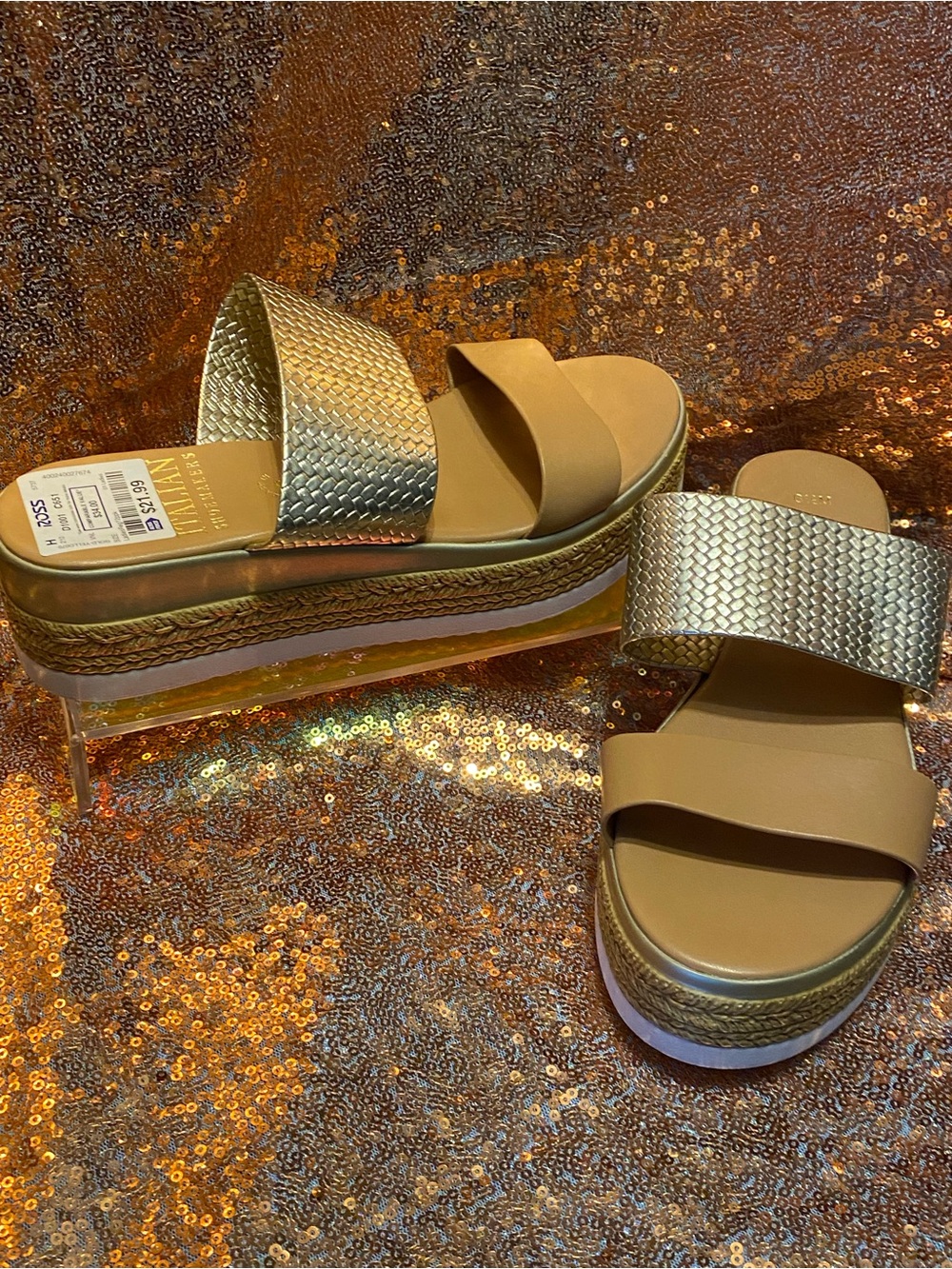 Italian Shoemakers NWT Gold Metallic Espadrille Flatform Sandals 6.5M Made Italy